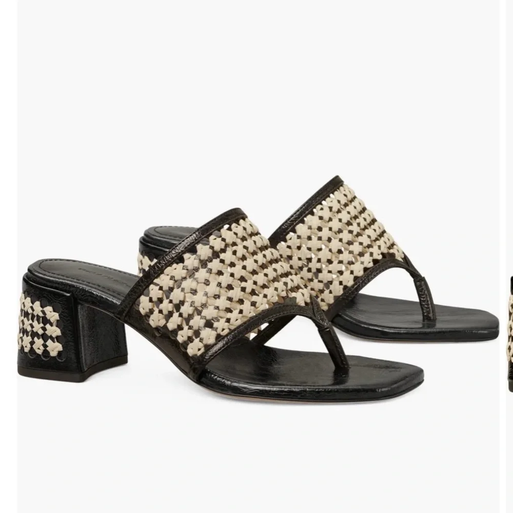 Tory Burch Black and Cream Woven Thong Mule Block Heels